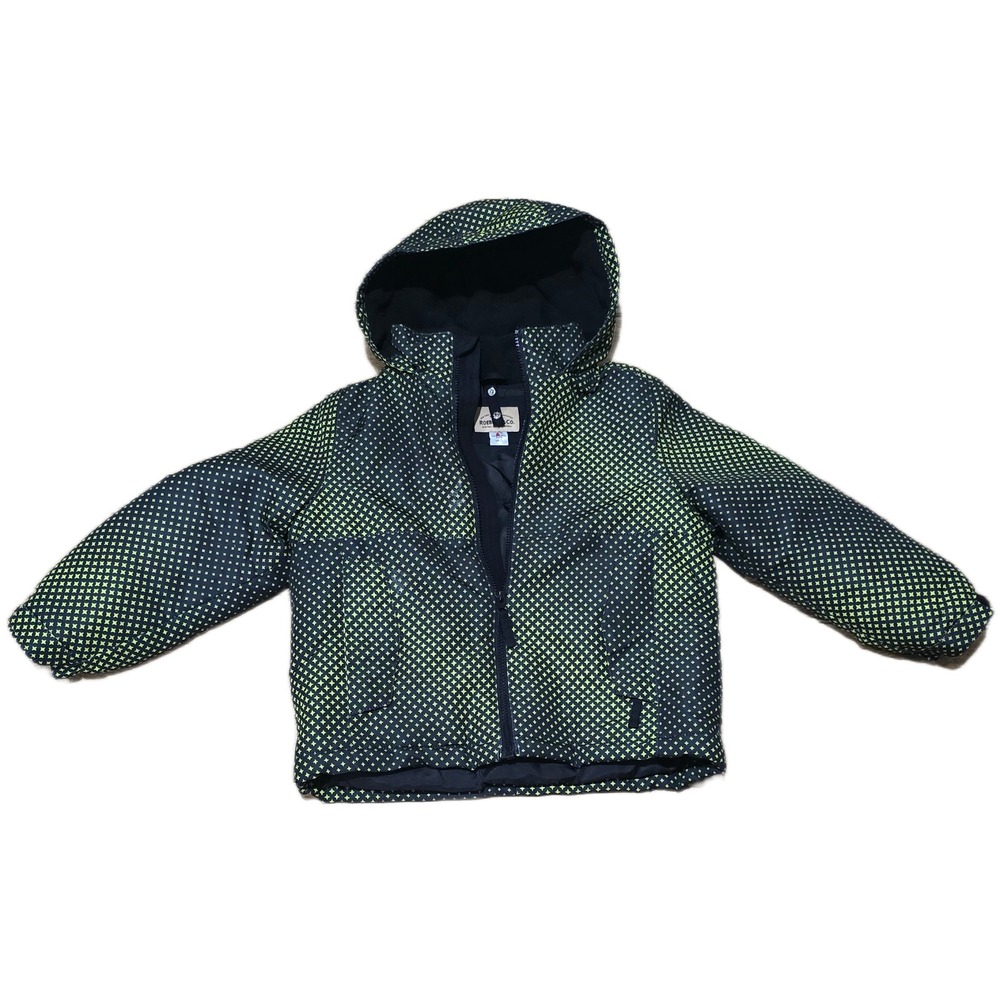 Roebuck & Co Kids Puffer Jacket Neon Green Black Geometric Zip Hooded Coat Sz 7‎